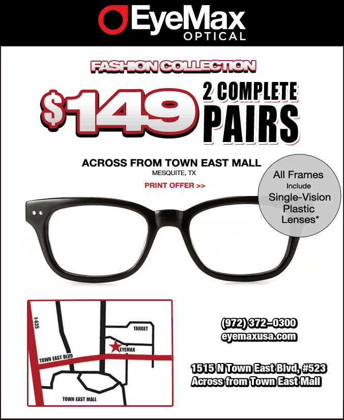 Printable Coupon for 2 Complete Pairs of Eyeglasses for 149 at EyeMax